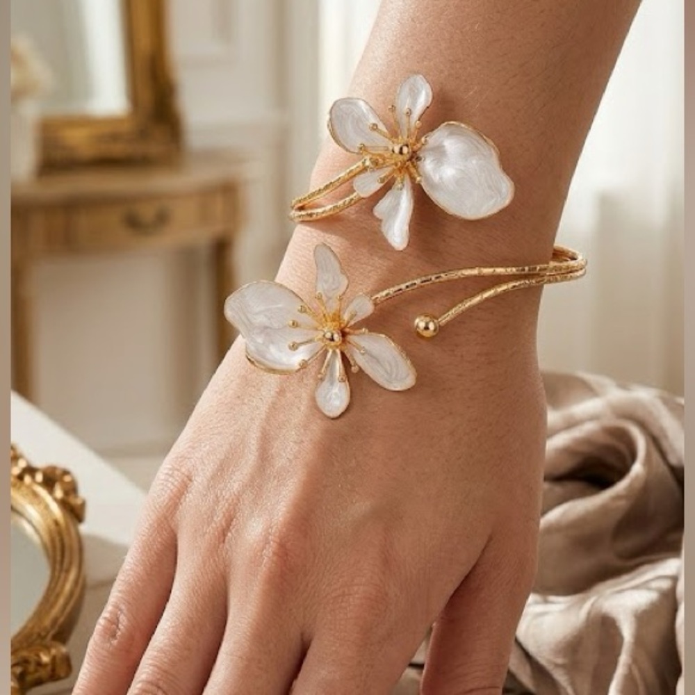 Ethereal Bloom White and Gold Floral Open Cuff Bracelet